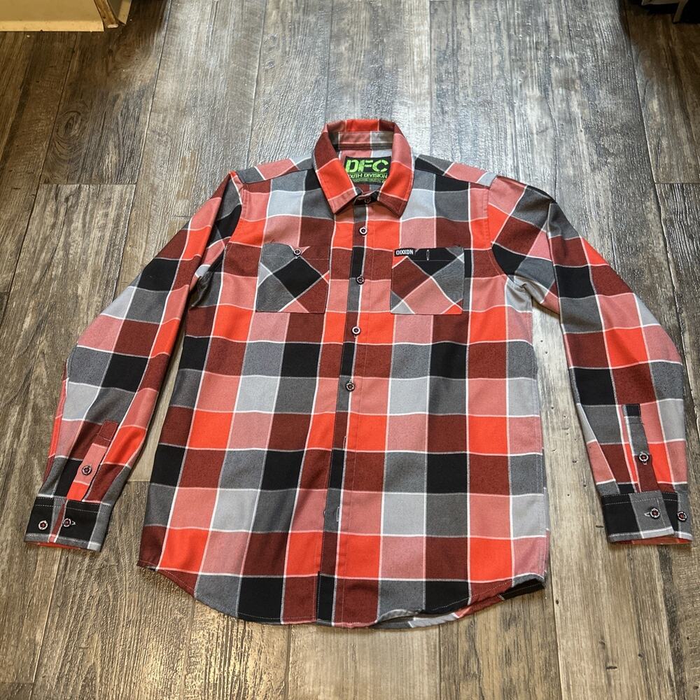 Dixxon Shirt Boys Medium Red Gray Plaid Flannel DFC Snap Up Youth Division Kids